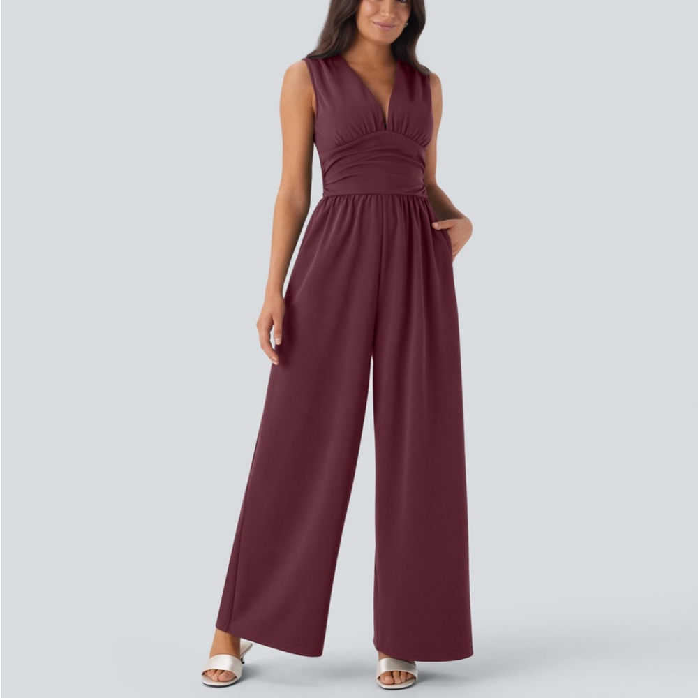 Halara Wine Red SculptKnit V Neck Sleeveless Ruched
Pocket Jumpsuit, Easy Peezy